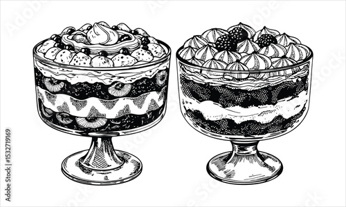 Two trifle desserts in glass bowls isolated on white background