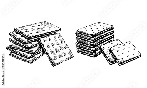 Stacks of crackers isolated on white background in a sketch style