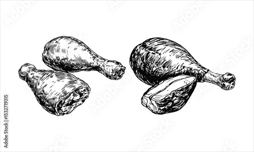 Chicken drumsticks isolated on white background in black and white