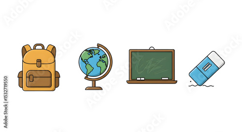 Backpack, Globe, Blackboard, Eraser  Education Icons Illustration