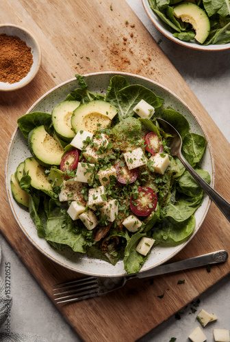 Fresh salad preparation with spices and herbs on cutting board