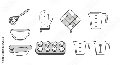 Baking Utensils and Equipment Icons Whisk, Oven Mitt, Measuring Cups, Mixing Bowls, Rolling Pin, Muffin Tin