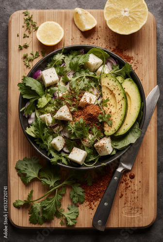 Fresh salad preparation with spices and herbs on cutting board
