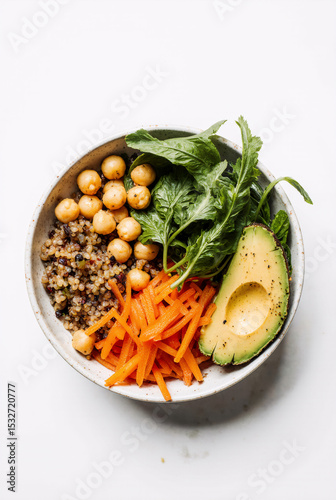 Vegan quinoa bowl with avocado and chickpeas