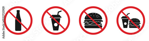 No eating and no drinks allowed red signs. no food allowed. do not eat or drink sign for school, college, hospital, industry, office etc place. stock vector . 