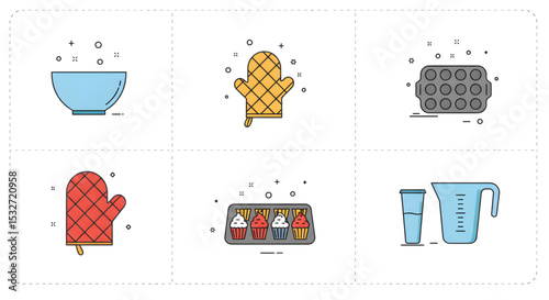 Baking Icons Set of Six Line Art Illustrations for Cooking and Pastry Design