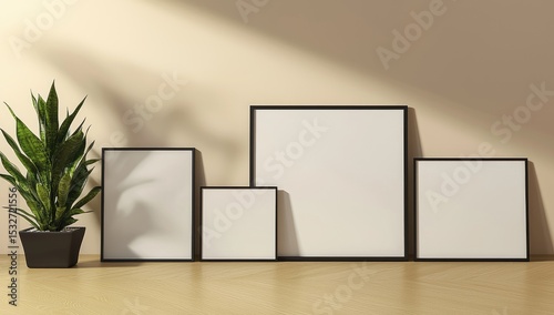 Four blank black-framed canvases of varying sizes stand on a light wood floor against a pale wall  a potted snake plant to their left  sunlight casting shadows