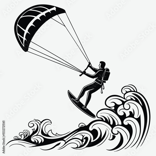 A kite surfer doing a jump over waves  image silhouette design vector art and illustration	
