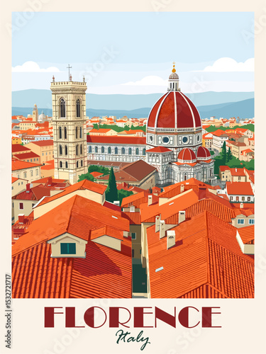Florence, Italy travel destination poster in retro style. Colorful cityscape vector illustration