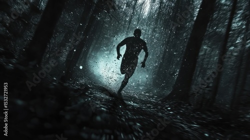 Dark Forest Runner: A Silhouette of a Man Running Through a Mysterious Woods