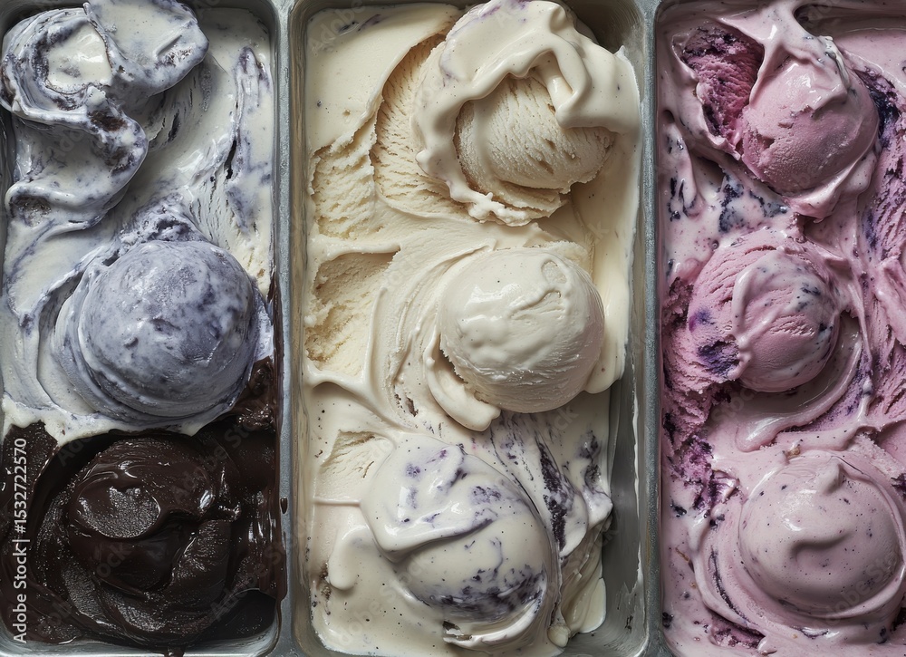 Obraz premium Ice cream in the display case of an ice cream shop, ice cream display with colorful swirls in gelato shop