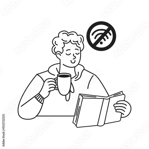Line art of a man enjoying a book and coffee, embracing offline time. Calm expression with a no internet icon. Perfect for themes of relaxation and digital detox.
