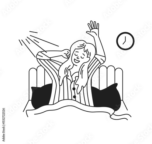 Illustration of a cheerful woman waking up and stretching in bed. Sunlight beams through the window adding warmth to the bedroom setting. The mood is refreshed and positive.