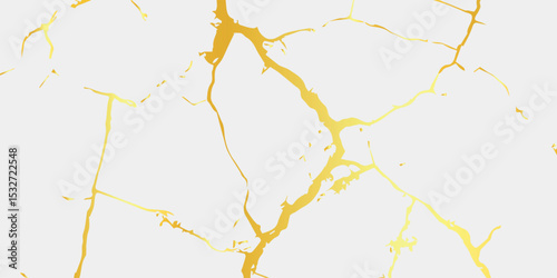 Background Japanese traditional art of kintsugi on white background with gold cracks. Marble foil pattern on light background with gold cracks. Japanese art of repairing broken ceramics. 