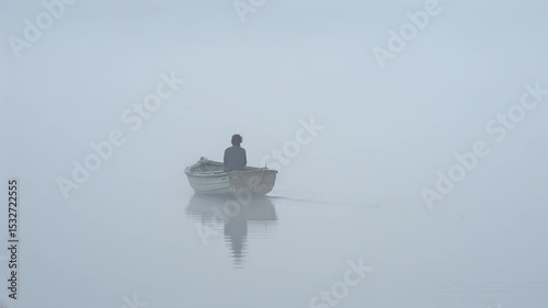 Person paddling a small boat on a misty lake in the morning  