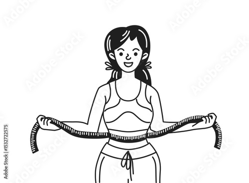 Black and white illustration of a smiling woman measuring her waist with a tape. She exudes happiness and confidence in achieving fitness goals.
