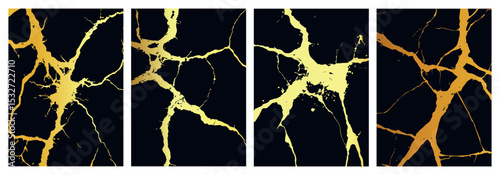 Set of poster designs Japanese traditional art of kintsugi. Gold crack texture on black background. Marble foil pattern with gold cracks.Vector illustration.