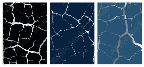 Set of poster designs with silver kintsugi. Dark blue backgrounds with silver broken cracks. Japanese art of repairing broken pottery.Silver material of kintsugi restoration technique.