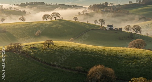 A scenic view of rolling green hills with scattered trees and a house in the distance shrouded in mist