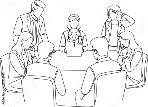 Continuous line art illustration of a business meeting with a diverse group, including a doctor figure