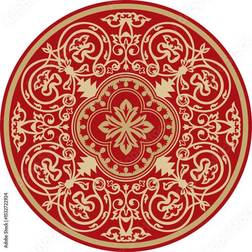 Vector gold with red round classic byzantine ornament. Circle, ring, border, Ancient Greece, Eastern Roman Empire frame. Decoration of the Russian Orthodox Church
