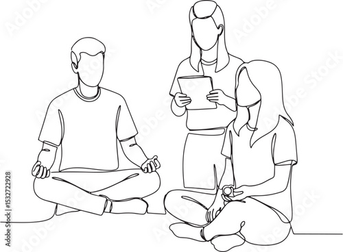 Continuous line art of three individuals sitting in a circle for a group discussion coping techniques or therapy session