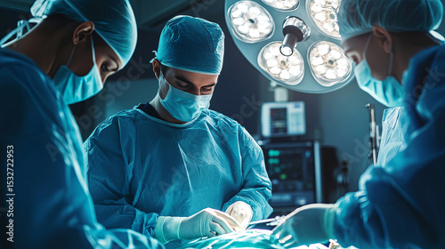 Surgical team in blue scrubs performing an operation in a modern operating room, illuminated by overhead surgical lights, showcasing precision and teamwork in a critical medical procedure