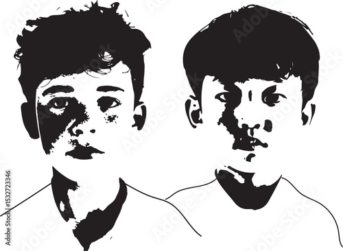 Stylized Black and White Portraits of Two Young Men with Contrasting Expressions