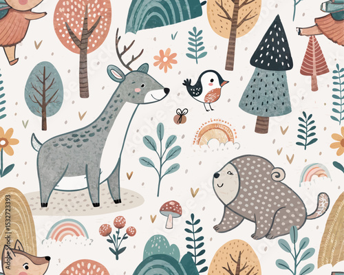 Seamless Scandinavian Animal Vector Illustration – Cute Hand-Drawn Background with Forest Creatures and Nordic Style
