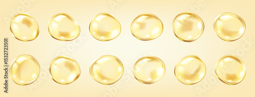 Golden collagen serum bubbles skincare realistic color icons set. Innovative cosmetic products promoting 3d objects bundle on yellow