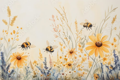 Watercolor painting with flowers and bees