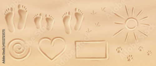 Sand imprints featuring human and animal footprints with symbols. Beige tones convey a sense of warmth. Ideal for summer themes or travel inspirations.