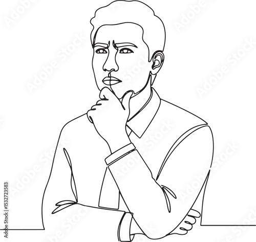  A minimalist continuous line art illustration o a Pensive businessman in a suit, with hand on chin, contemplating a decision
