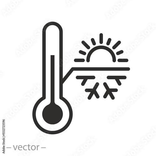 thermostat icon, hot and cold temperature, thermometer with sun and snowflake, thin line symbol on white background, vector illustration
