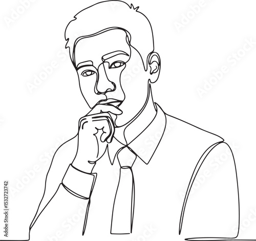 A minimalist continuous line art illustration of Thoughtful businessman in suit, hand on chin, direct gaze.