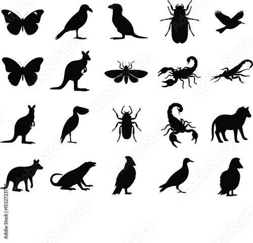 Grid of Diverse Animal and Insect Silhouettes in Minimalist Vector Style