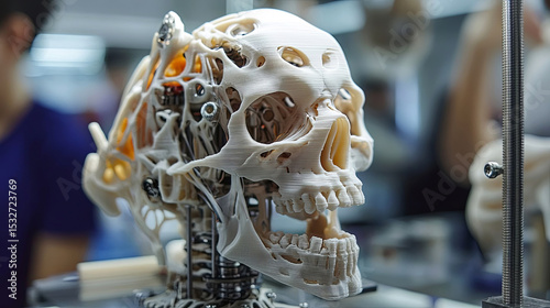 Intricate 3D printed skull model displayed on a stand, showcasing detailed craftsmanship and design, surrounded by blurred workshop elements and tools, representing innovation in technology