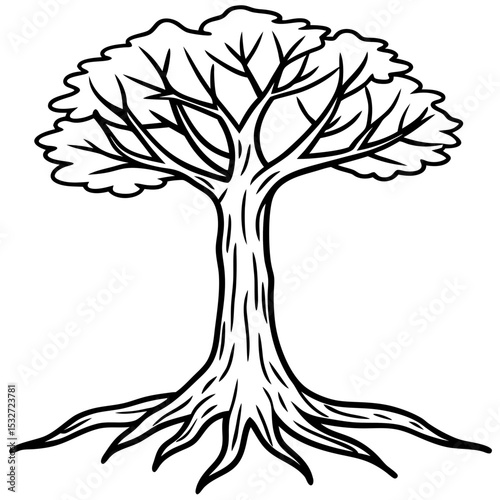 Realistic line drawing of elm tree trunk and root base