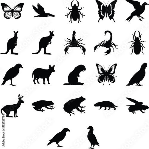 Grid of Diverse Animal and Insect Silhouettes in Minimalist Vector Style