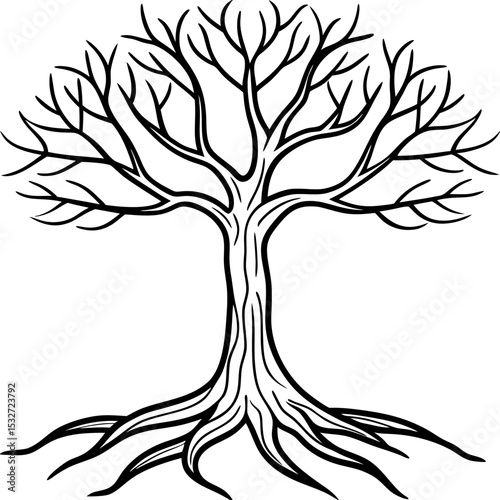 Realistic line drawing of elm tree trunk and root base
