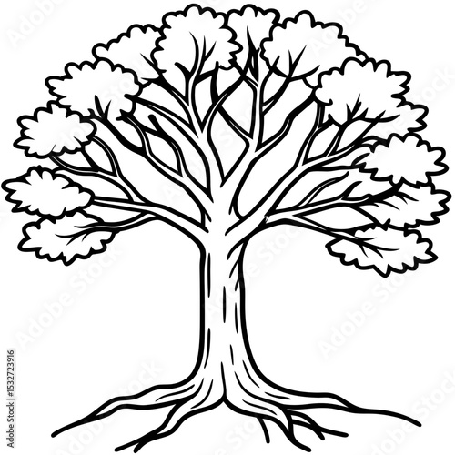Realistic line drawing of elm tree trunk and root base