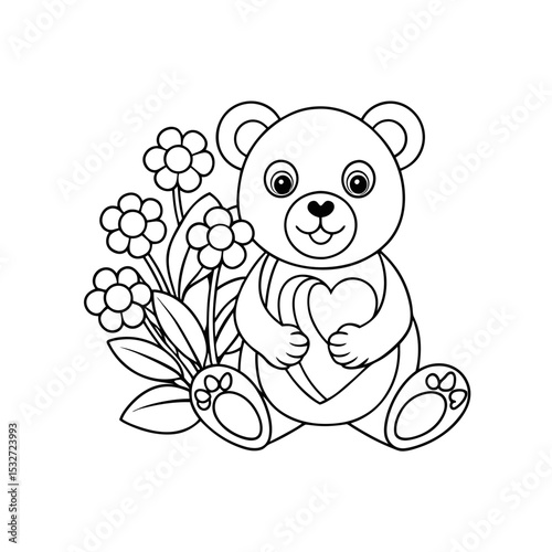 Bear Planting Heart Flowers Coloring Page