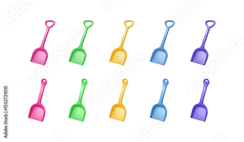 Set of colorful plastic toy shovels in pink, green, yellow, blue, and purple shades. Ideal for children at beach or sandbox. Bright and playful design.