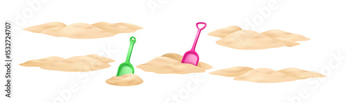 Illustration of colorful plastic shovels resting in soft sand. Green and pink shovels add vibrant contrast. Perfect for summer beach activities and playful themes.