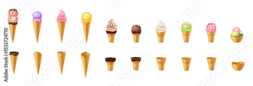 Colorful illustration of various ice cream cones and waffle bowls in different flavors presented on a white background. Perfect for dessert menus and summer celebrations.