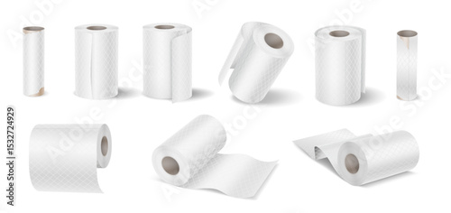 Set of white toilet paper rolls, including different views and angles, realistic style, isolated on white background, for hygiene and household usage.
