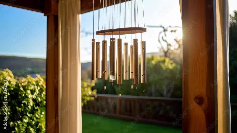 Hanging wind chimes made of metal tubes outside a window with trees and nature in the background during bright sunshine.