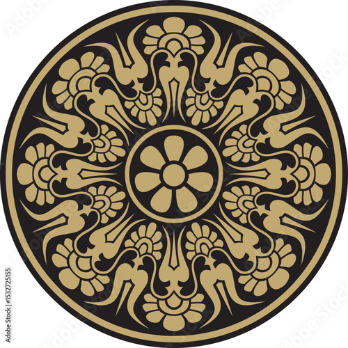 Vector gold with black classic Greek round ornament. Circle of Ancient Greece and the Roman Empire. Byzantine painting of walls, floors and ceilings. Decoration of European palaces.
