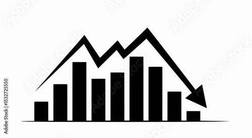 This high-quality vector image features a solid black silhouette of a decreasing bar graph with a jagged, downward-pointing zigzag arrow across the tops, all with fine details on a white background.