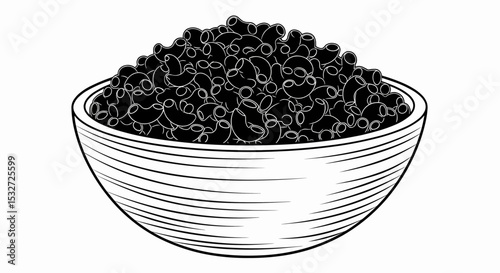 This flat, high-quality vector illustration features a light brown wooden bowl filled with uncooked elbow macaroni, all rendered as a solid black silhouette with fine details on a white background.